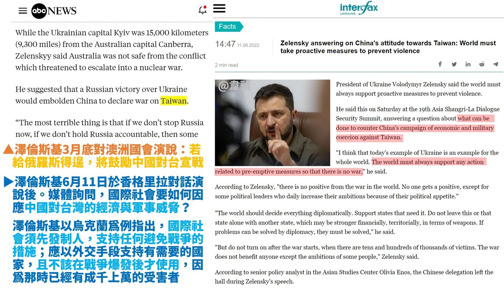澤倫斯基很清楚中國對台威脅