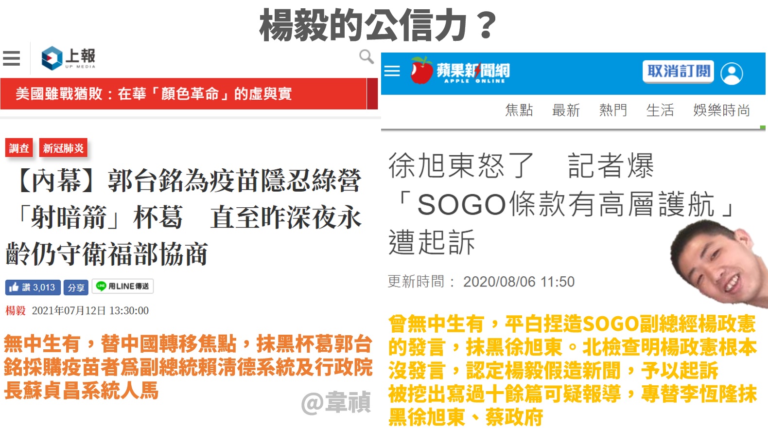 楊毅遭北檢認定假新聞，予以起訴